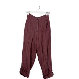 FLAX Mauve Linen High Rise Trousers Button Cuffed Hem Pockets Back Elastic Sz S